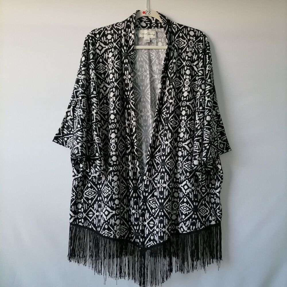 French Laundry Women's Black-White Ikat Open-Front Wrap Fringe Poncho Top Size L